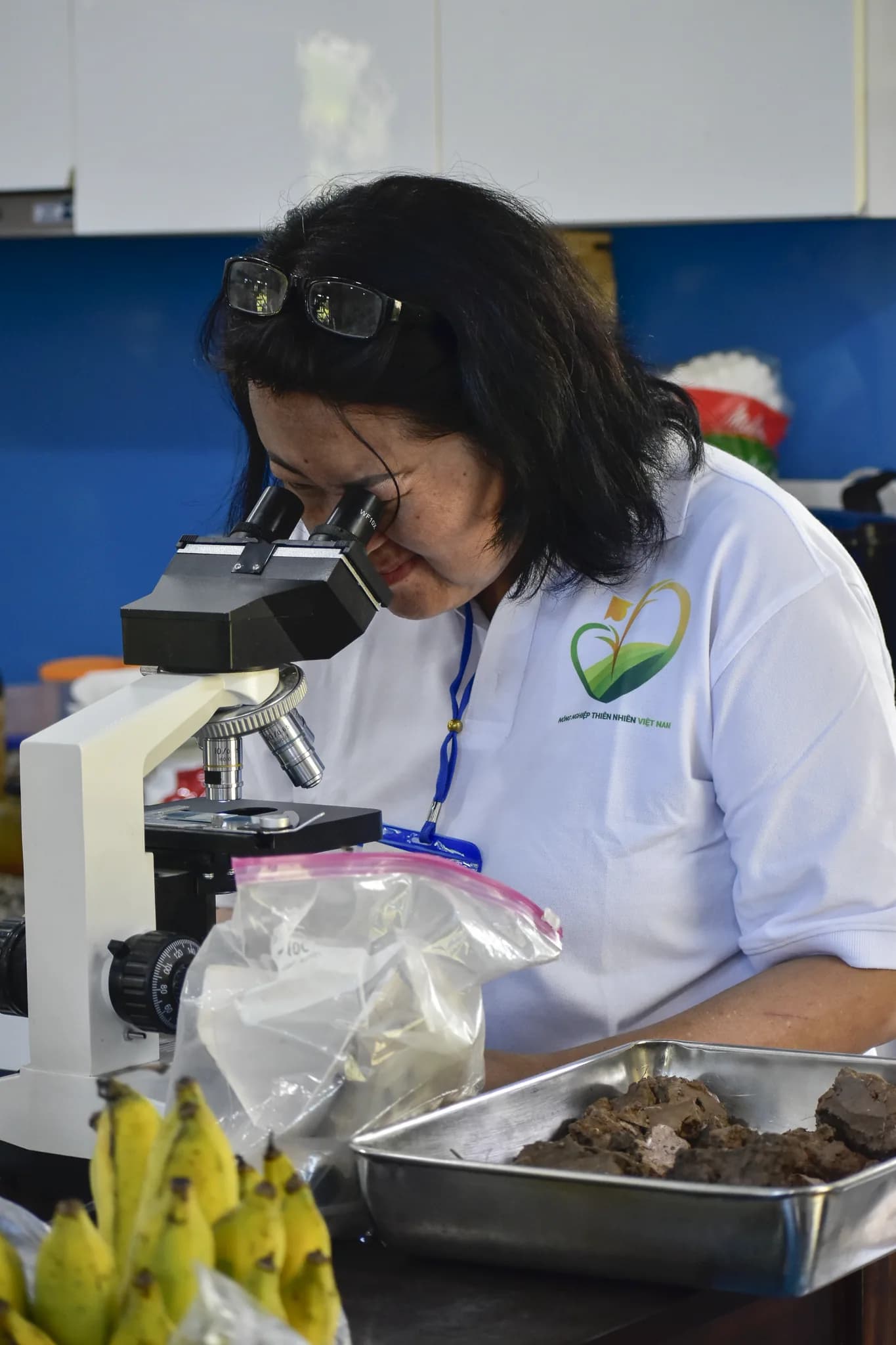 A person observing a sample through a microscope